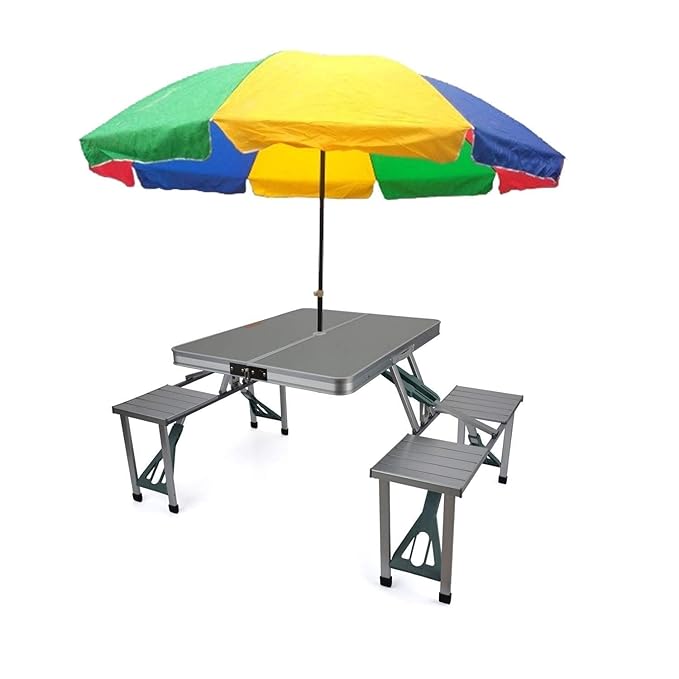 Outdoor Heavy-Duty Aluminum Portable Folding Picnic Table with Chairs and Free Multicolor Umbrella