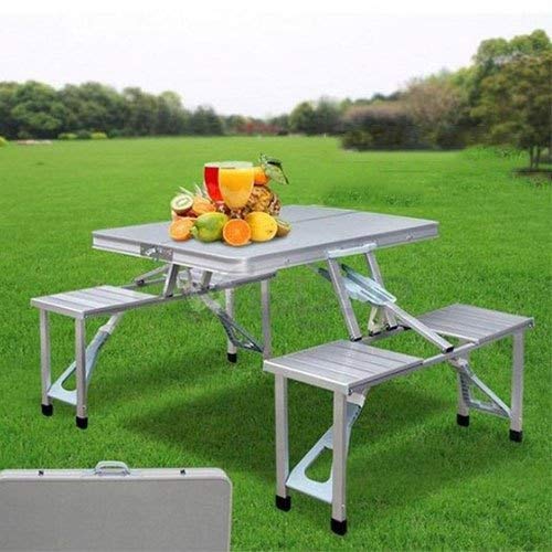 Outdoor Heavy-Duty Aluminum Portable Folding Picnic Table with Chairs and Free Multicolor Umbrella