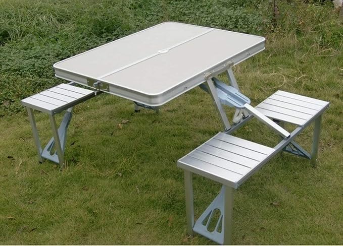 Outdoor Heavy-Duty Aluminum Portable Folding Picnic Table with Chairs and Free Multicolor Umbrella